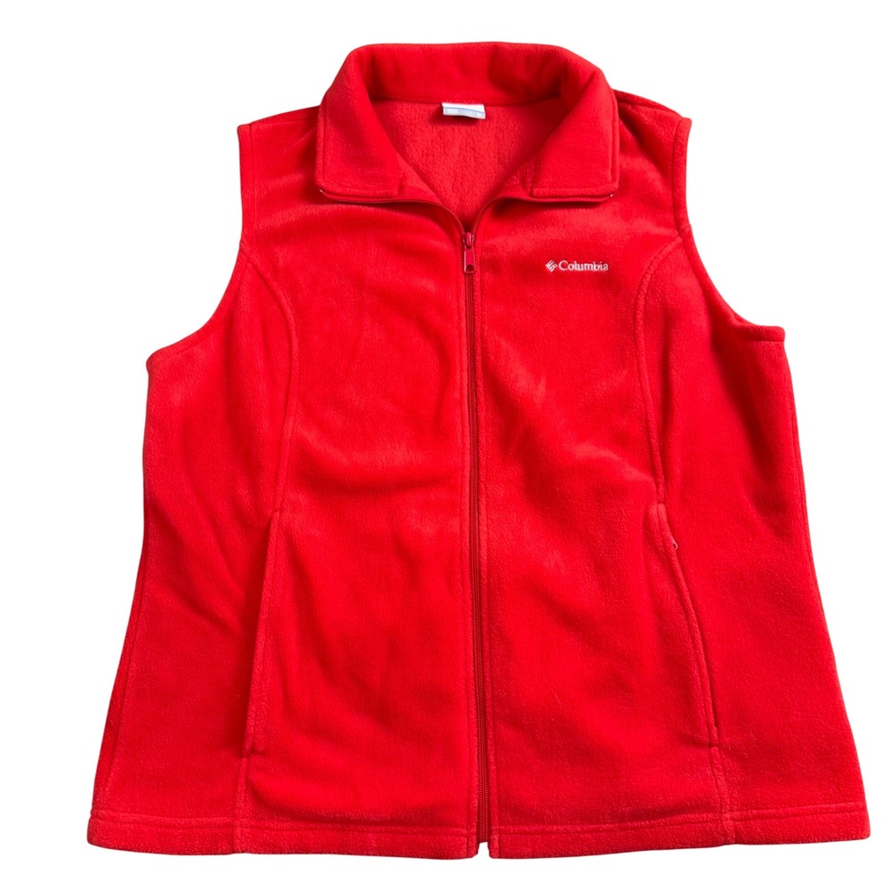 Columbia Fleece Vest Women XL Red Full Zip Mock Neck Outdoor Gorpcore Layering